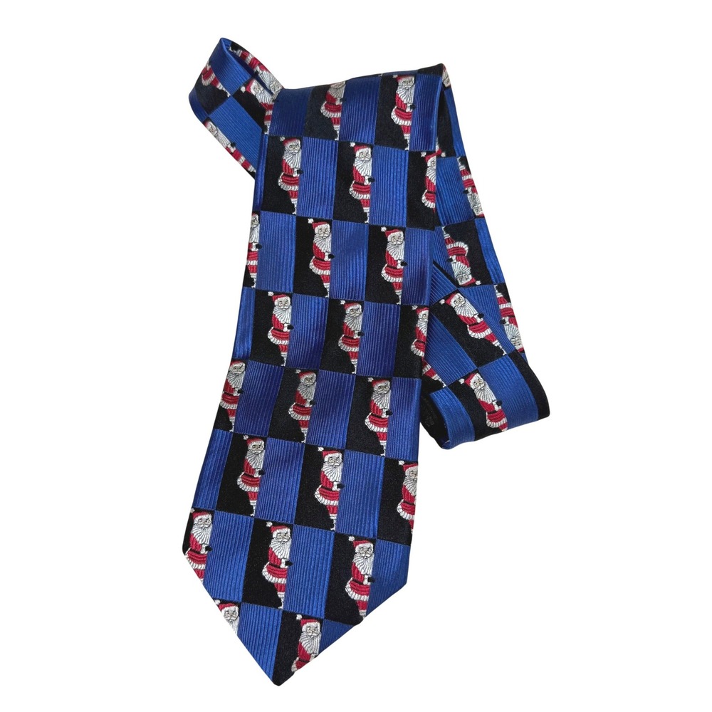 Lands End Mens Silk Necktie Blue Black Santa Claus Checkered Christmas Holiday